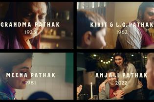 A photo collage depicting four generations of the Pathak family, from an ad for Indian cookery brand Patak's