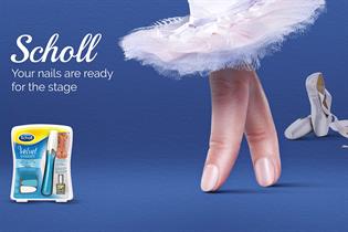 A Scholl ad for a nail file featuring an image of two fingers wearing a ballet skirt