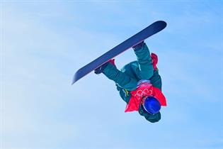 An aerial photo of Australian Scotty James riding down the Beijing Olympics half-pipe.