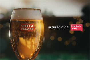 A close-up of a full glass of Stella Artois with the logo reading Stella Please. Accompanying text reads "in support of Hospitality Action"