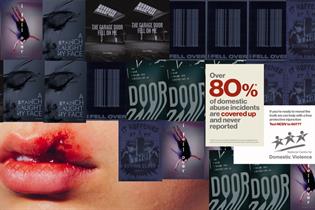 A collage of posters. One image is that of a cut lip. The others are posters with phrases such as "a branch caught my face" and "I fell over".  Writing on the poster states: "Over 80% of domestic abuse incidents are covered up and never reported."