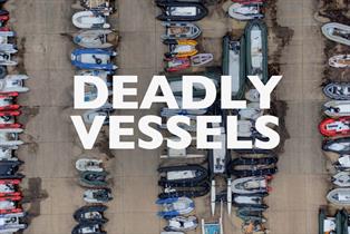 A still from Amnesty's latest campaign depicting columns of rubber dinghies and the words 'Deadly vessels' superimposed