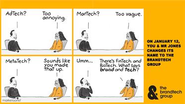 Cartoon illustration showing two people discussing a new agency name 