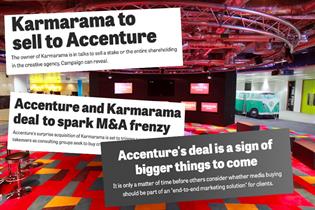 A collage of headlines spanning the acquisition of Karmarama by Accenture and how the deal was a sign of things to come, set against a background image of the agency offices