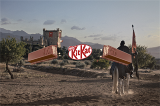 Screenshot from KitKat's latest campaign "Tech frustrations", featuring a knight and an overlaid image of the chocolate bar