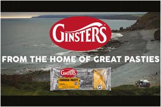 Ginsters logo and pasty in front of a seaside backdrop with the text from the home of great pasties