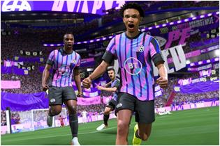 Animated Fifa 2022 players running across the pitch celebrating wearing the Hope United kit