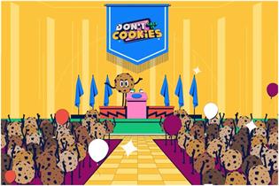 Cartoon cookie giving a speech to a crowd of cookies 