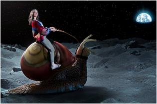Woman riding a giant snail on the moon