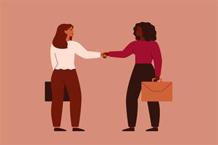 Illustration of two women shaking hands 