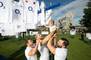 The rugby shirts were hung at the height of a typical line-up