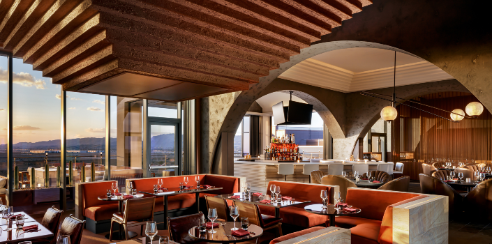 restaurant tables with desert views in the background