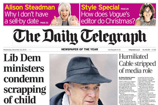 The Daily Telegraph: under pressure for Vince Cable report