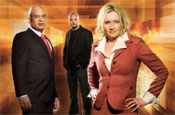Dragon's Den: New dragons Rasul and Meyer with host Dominic Byrnes