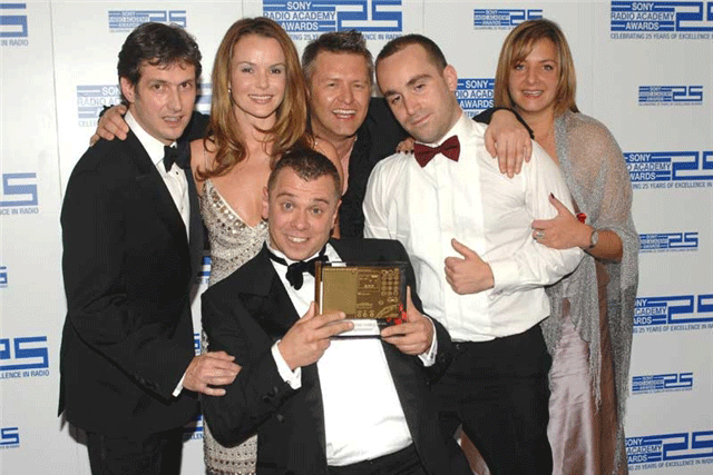 Winners: GaydarRadio personalities with Amanda Holden at the Sony Radio Academy Awards