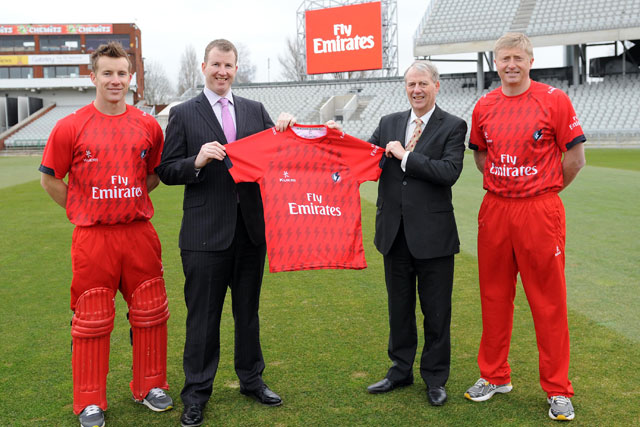 Old Trafford: from left, Steven Croft; Daniel Gidney, chief executive Lancashire County Cricket Club;  Laurie Berryman, vice-president Emirates UK, and Glen Chapple, club captain