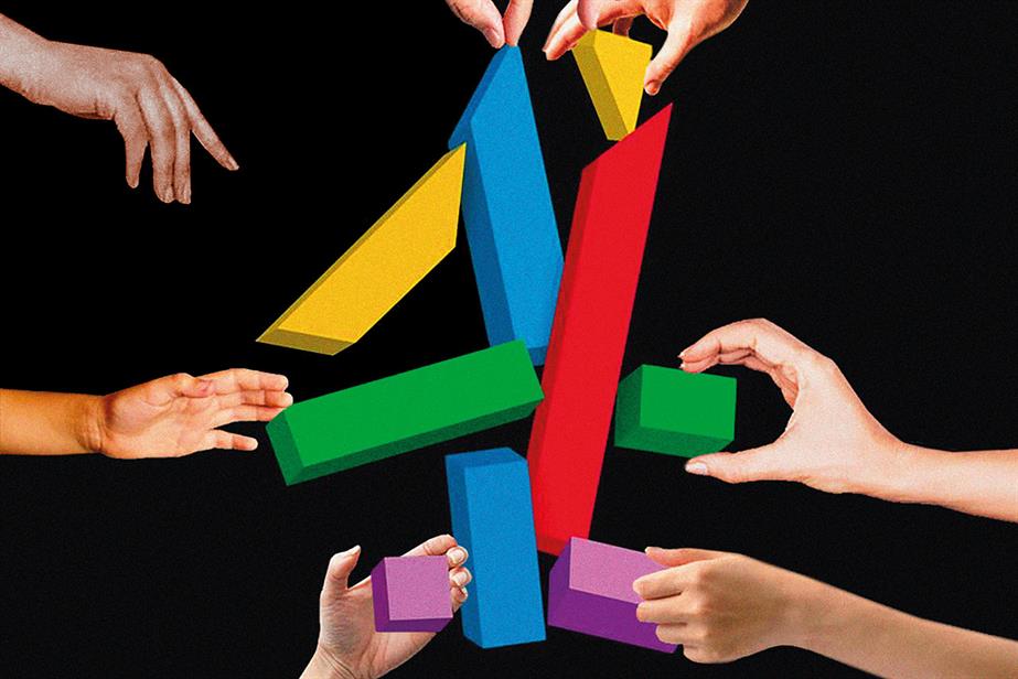 Image of Channel 4 logo falling apart with hands reaching out to take bits of it