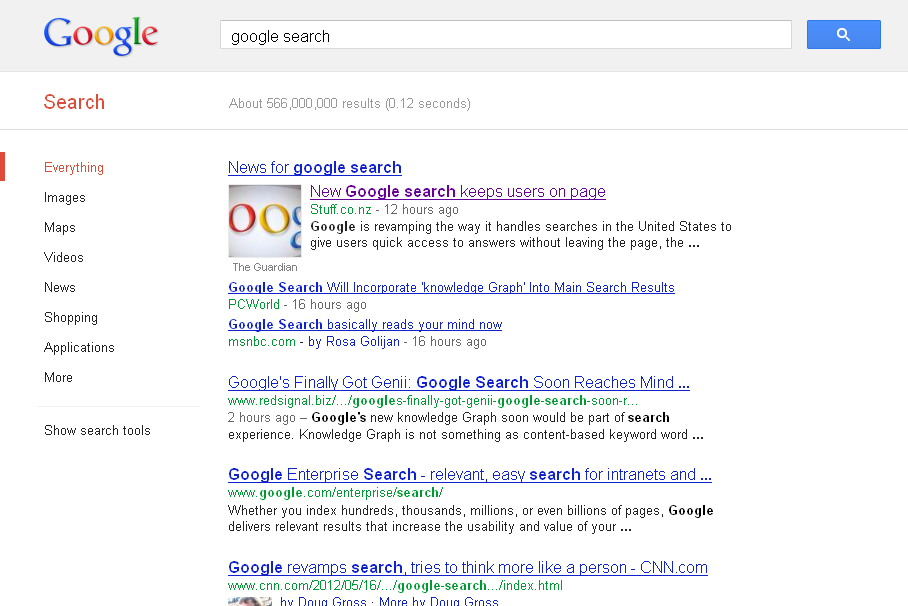 Google: changing search engine, to include factual information about search topics