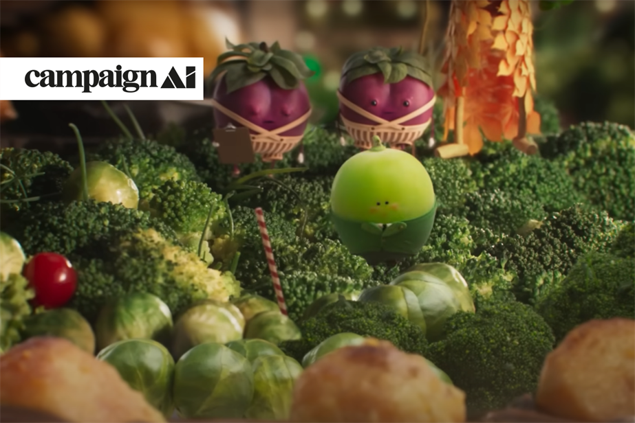 Aldi Christmas ad with talking peas and berrys looking at a gravy river with roast potatoes and veggies