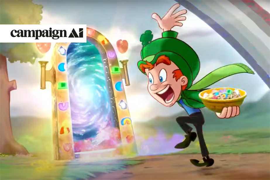 Lucky Charms ad featuring cereal and a character