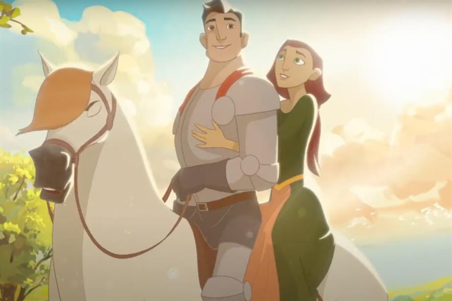 An animated man and a woman sit on a horse. 
