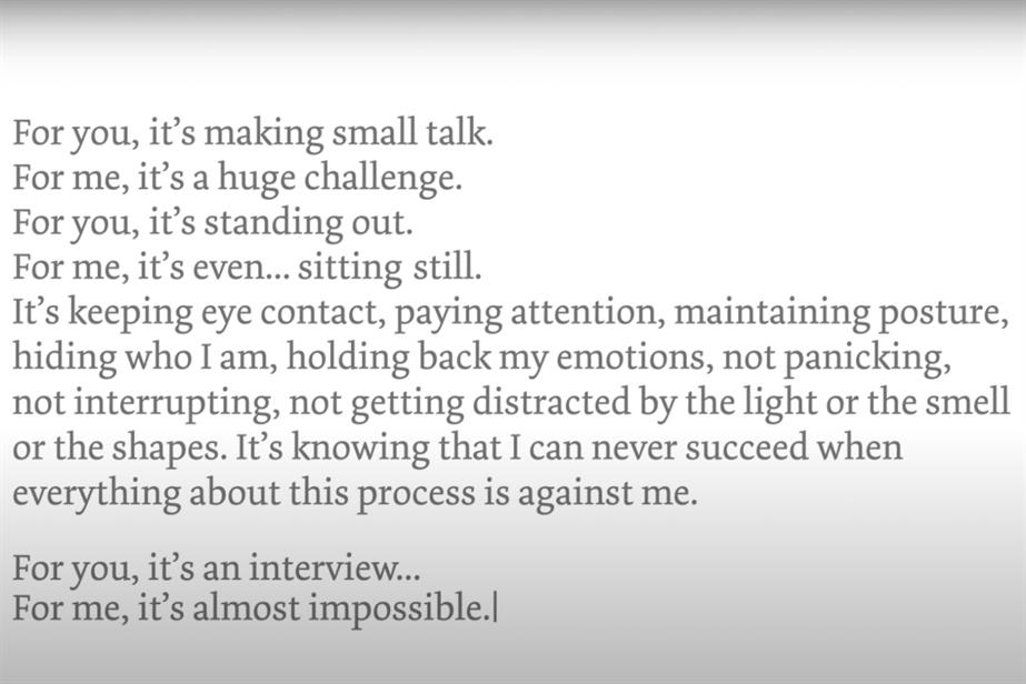 Text highlighting the difficulties of interviews for autistic people: “For you, it’s making small talk. For me, it’s a huge challenge.”
