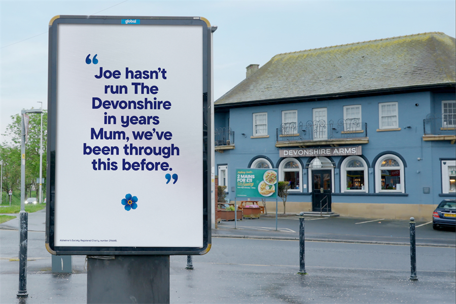 Alzheimer's Society ad in Blackpool, located outside and referencing The Devonshire Arms