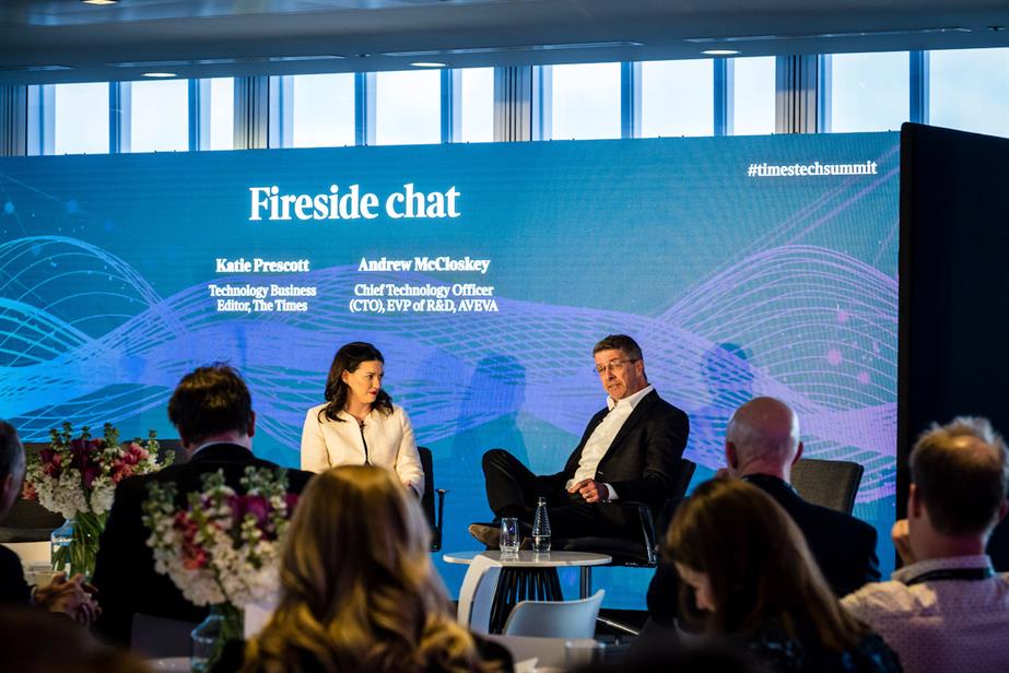 Katie Prescott, technology business editor at The Times and Andrew McCloskey, CTO at Aveva, engaging in a fireside chat at The Times Tech Summit