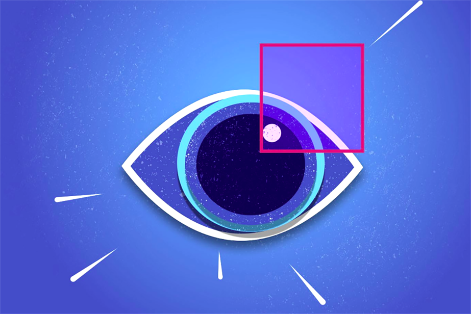 A graphic of an eye staring at a red box on a blue background