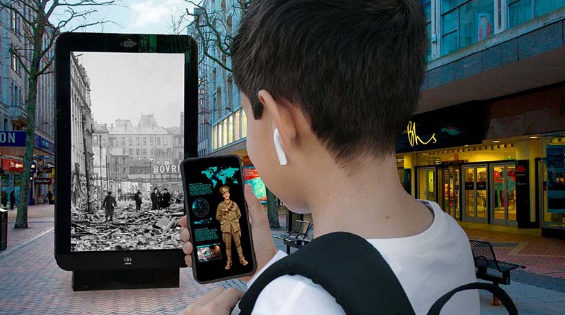 Child with phone looking at historical street