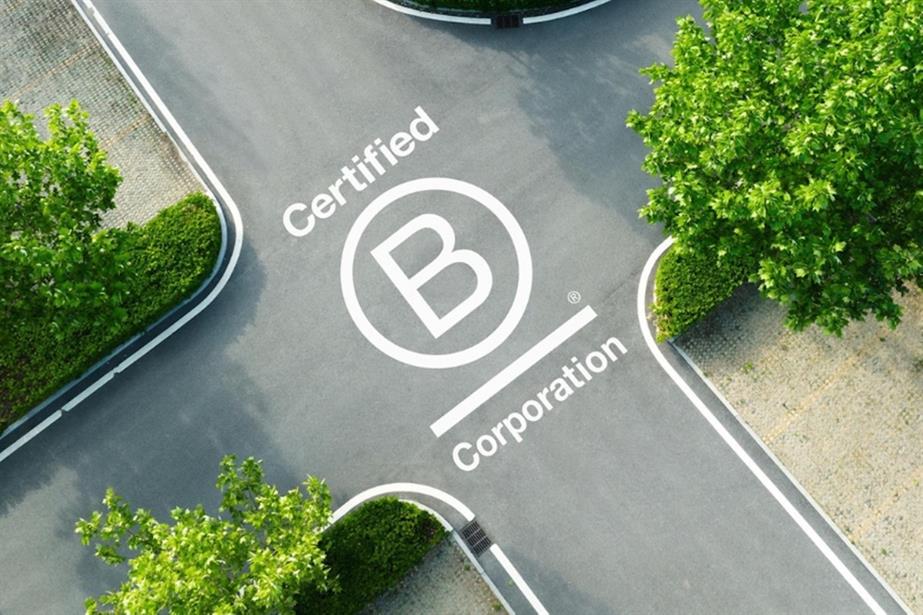 Aerial view of certified B Corporation logo on crossroads