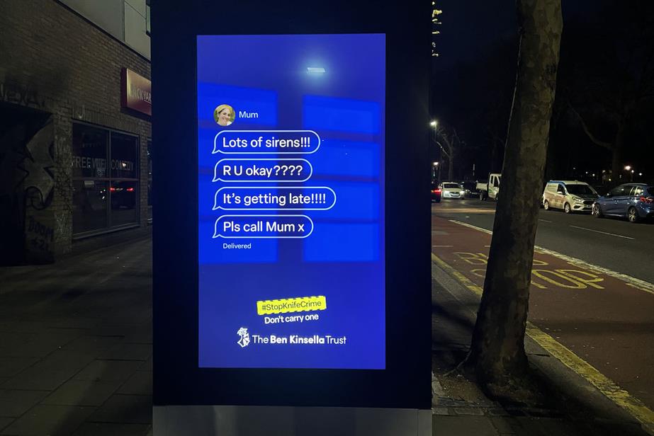 An out-of-home bus shelter poster shows real-life text messages between a mother and son, advocating for decreased knife crime