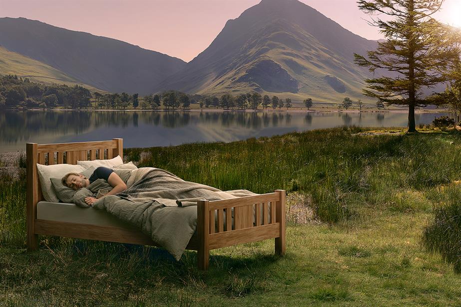 Person in bed next to a lake