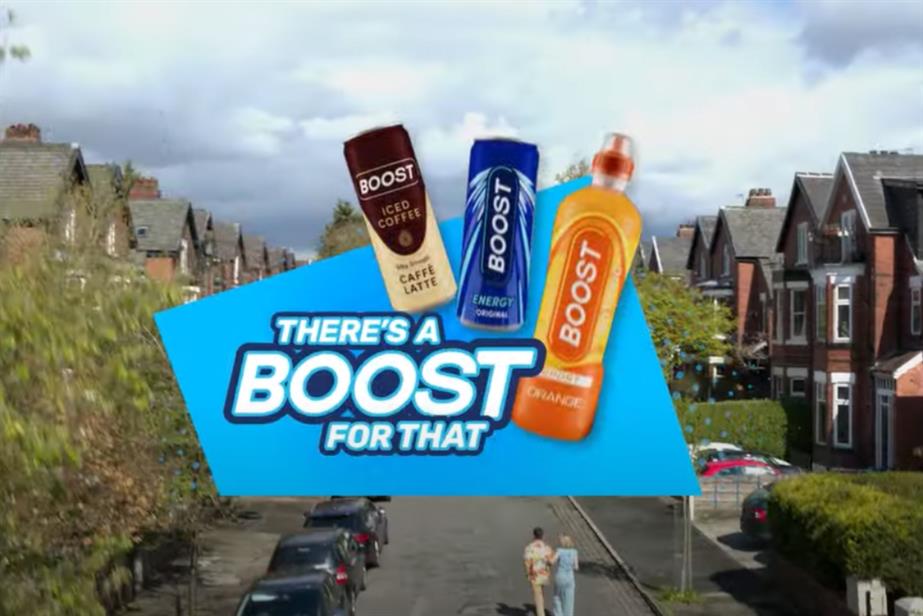 An image of a suburban street with the text "There's a boost for that" floating in front of it and three images of Boost drinks.