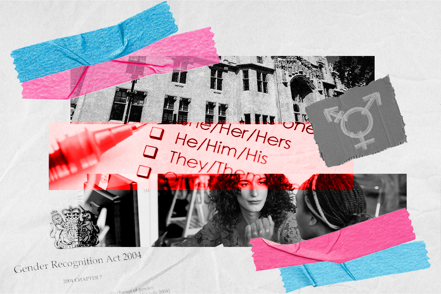 Composite image of transgender symbol, outside of courts and pink and blue from transgender flag