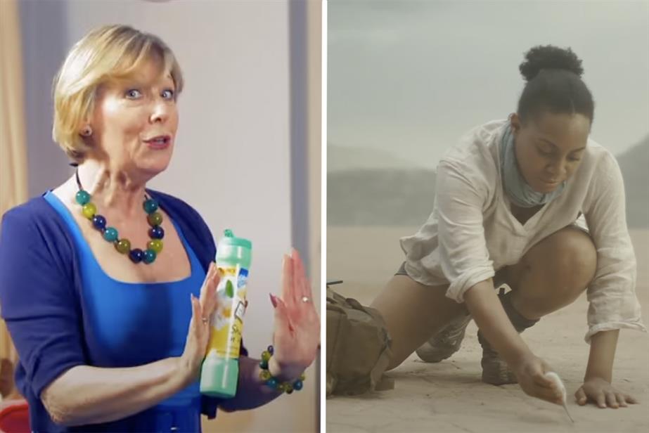 On the right, a lady holds a Shake n' Vac bottle while dancing for an ad; on the left a lady checks the temperature of a dessert in Bupa's Healthy People, Healthy Planet ad 