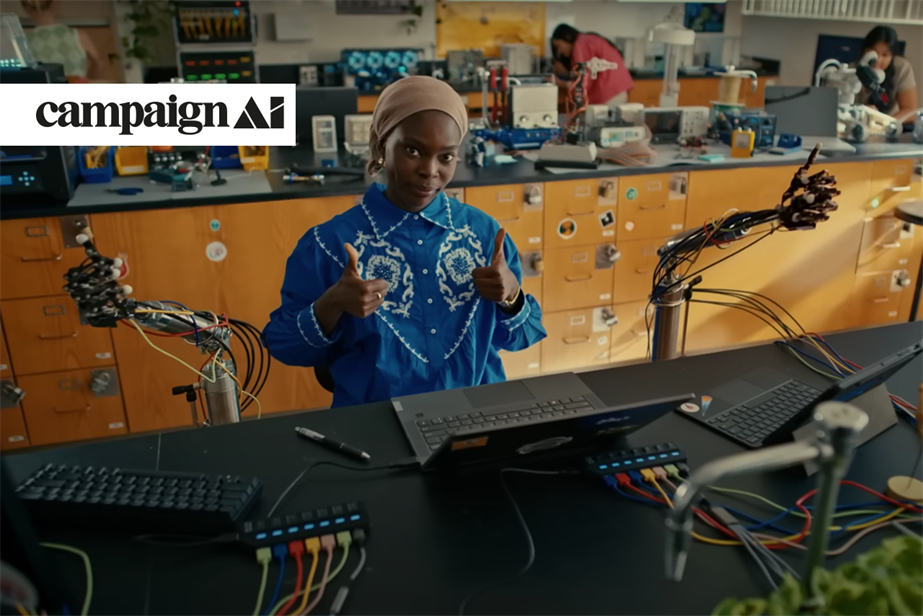 US Comcast ad with a black woman in a tech science lab giving the thumbs up 