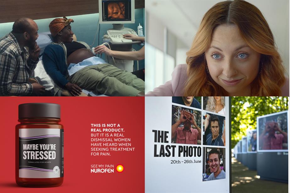 A collage of four campaigns from Marmite, McDonald's, CALM and Nurofen