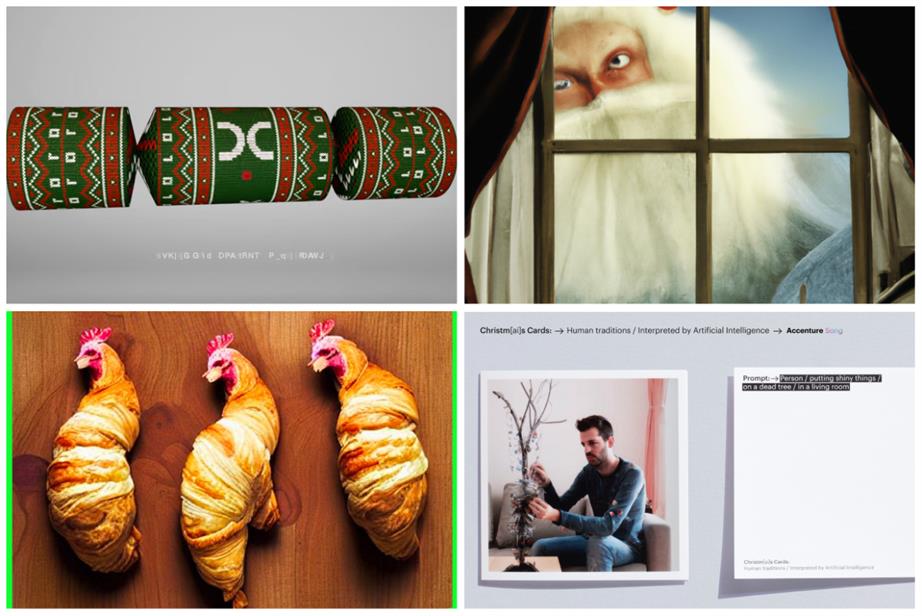 Clockwise from top left: A Christmas cracker, a Santa with slightly wonky eyes, a man decorating a very twig-like tree, and three croissants with hen heads