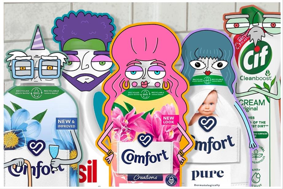 Unilever product bottles in a line up with cartoon faces and arms drawn on them.