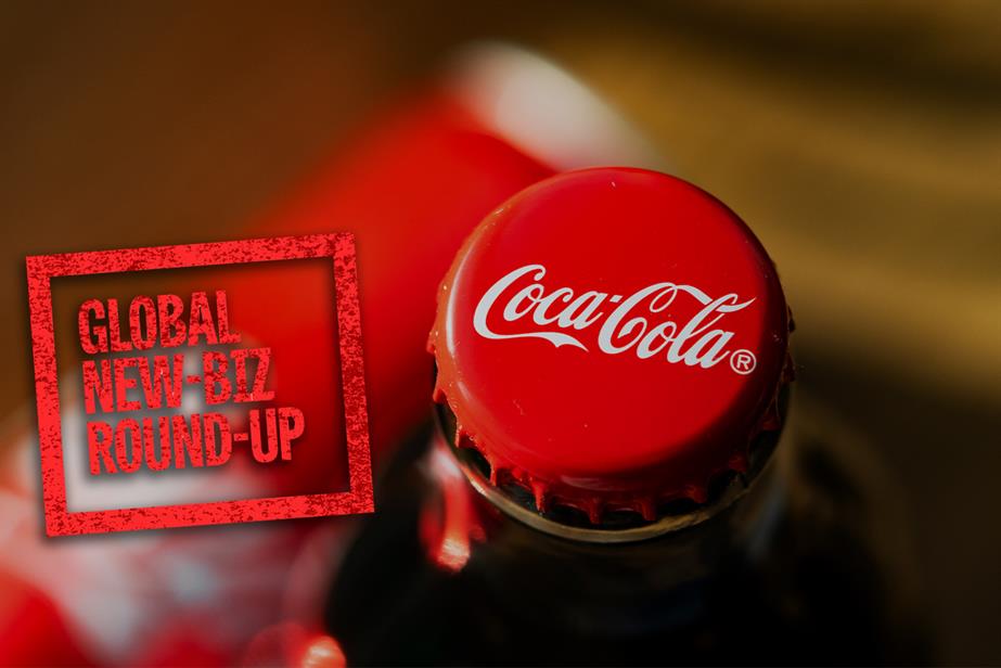 Red Coca-Cola bottle with cap on display and global new-biz round-up stamp