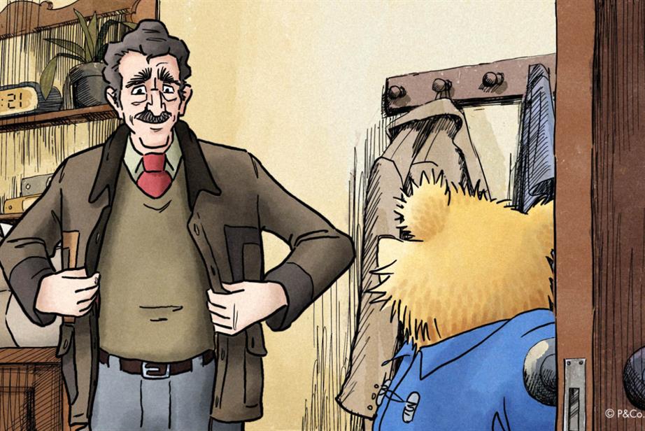 Animation of Mr Curry wearing his Barbour jacket with Paddington standing next to him