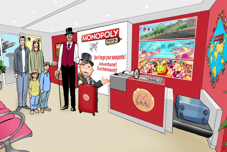 Cartoon of a family at the Monopoly travel experience
