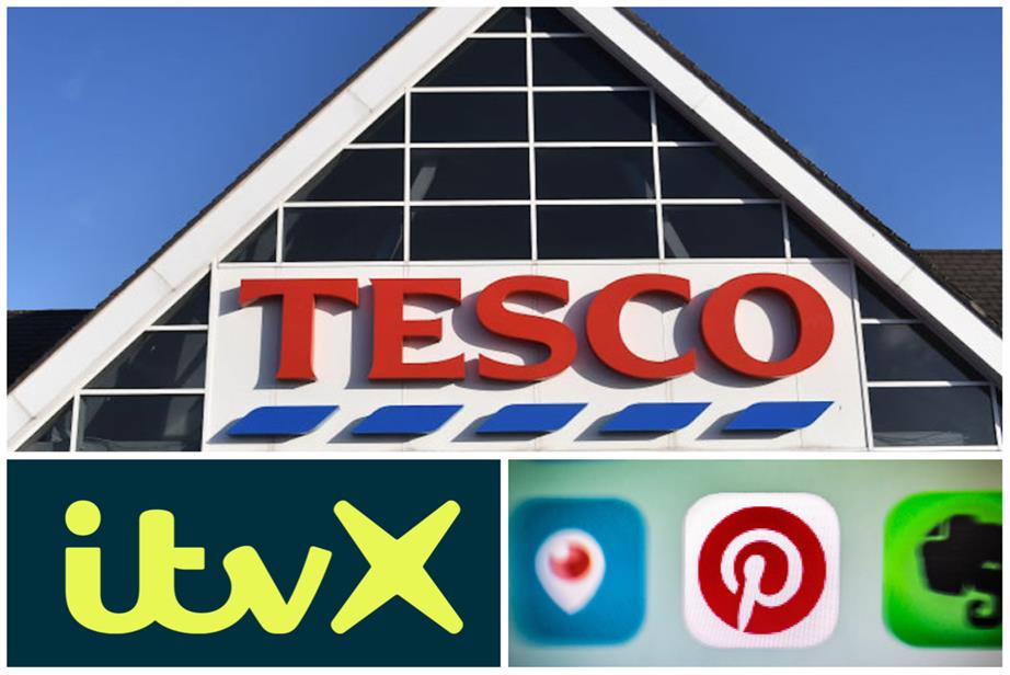 A Tesco store and the logos of ITVX and Pinterest