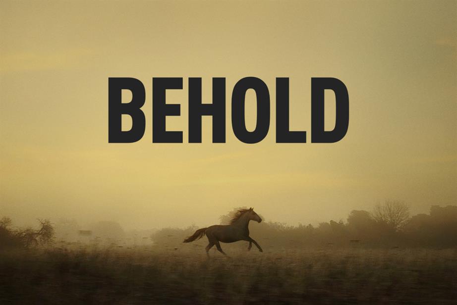 Horse running with text saying 'Behold'