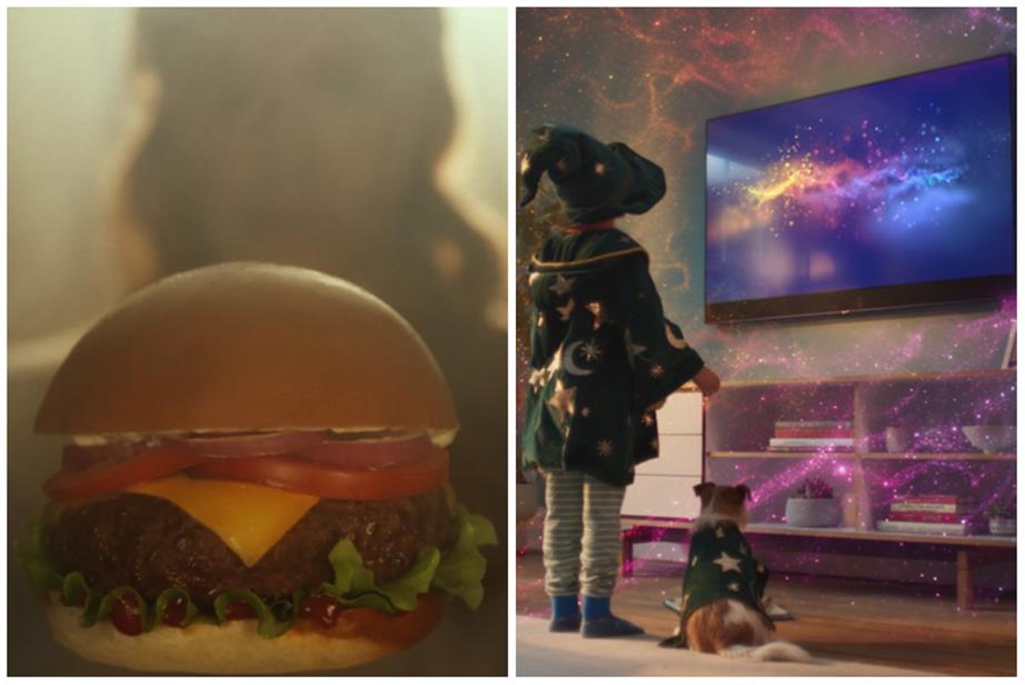 An ad for Deliveroo on the left, featuring a burger in a bun, and an ad for Sky Smart on the right, with a boy in a wizard's costume standing in front of a TV