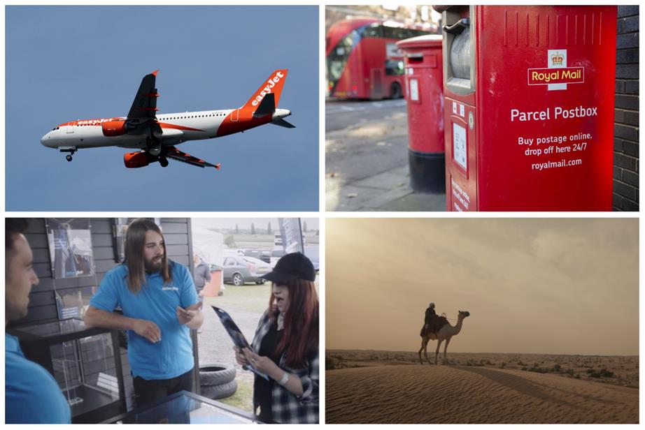 Clockwise from top left: EasyJet, Royal Mail, Dubai Tourism and National Highways