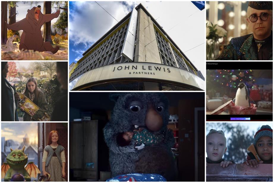 A collage of John Lewis' Christmas ads and a store exterior shot