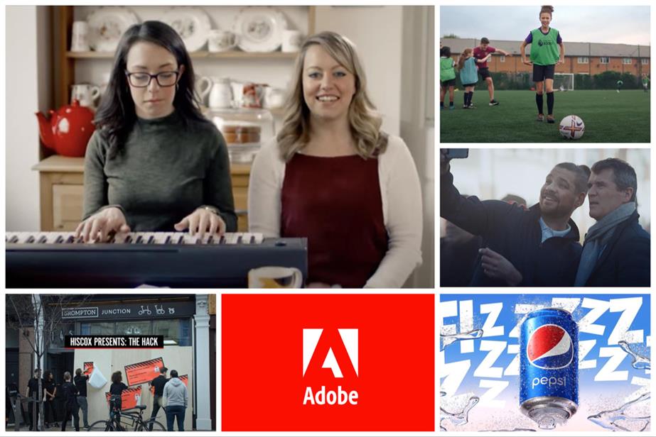 A collage of ads, from clockwise top-left: Nationwide, Premier League, Sky Bet, PepsiCo, Adobe and Hiscox