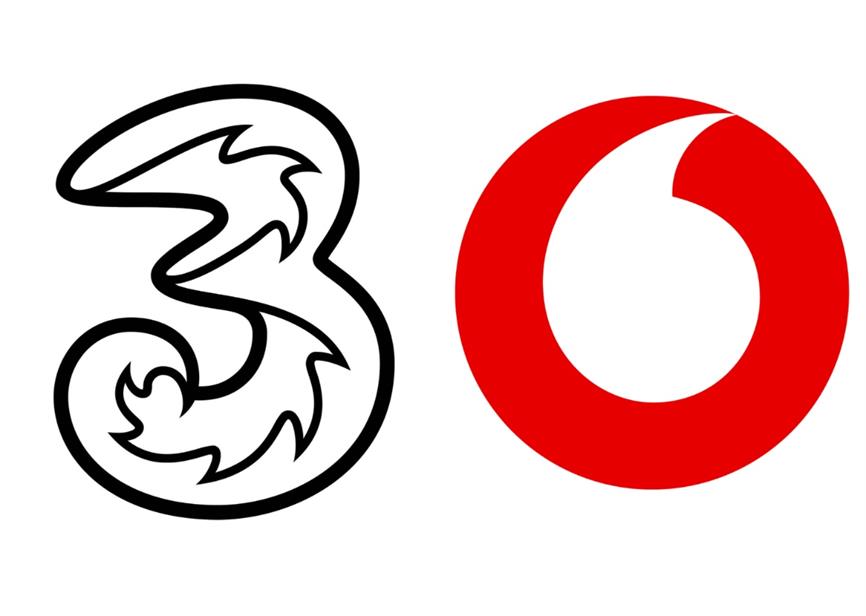 Three and Vodafone logos
